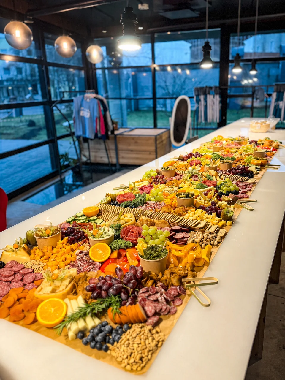 Grazing table styled along a modern venue counter